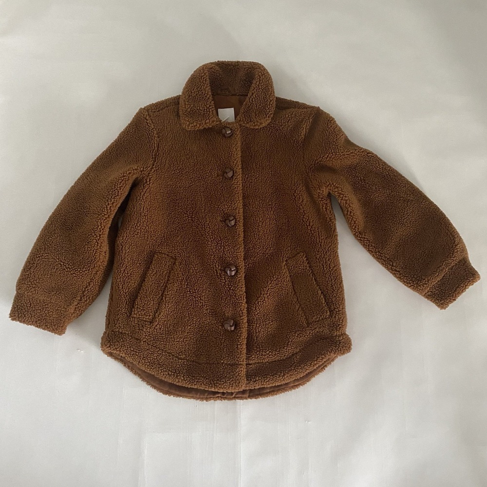H&M Sz 2 Teddy Sherpa Jacket Button Front Brown Leather Knot Buttons Pockets NEW